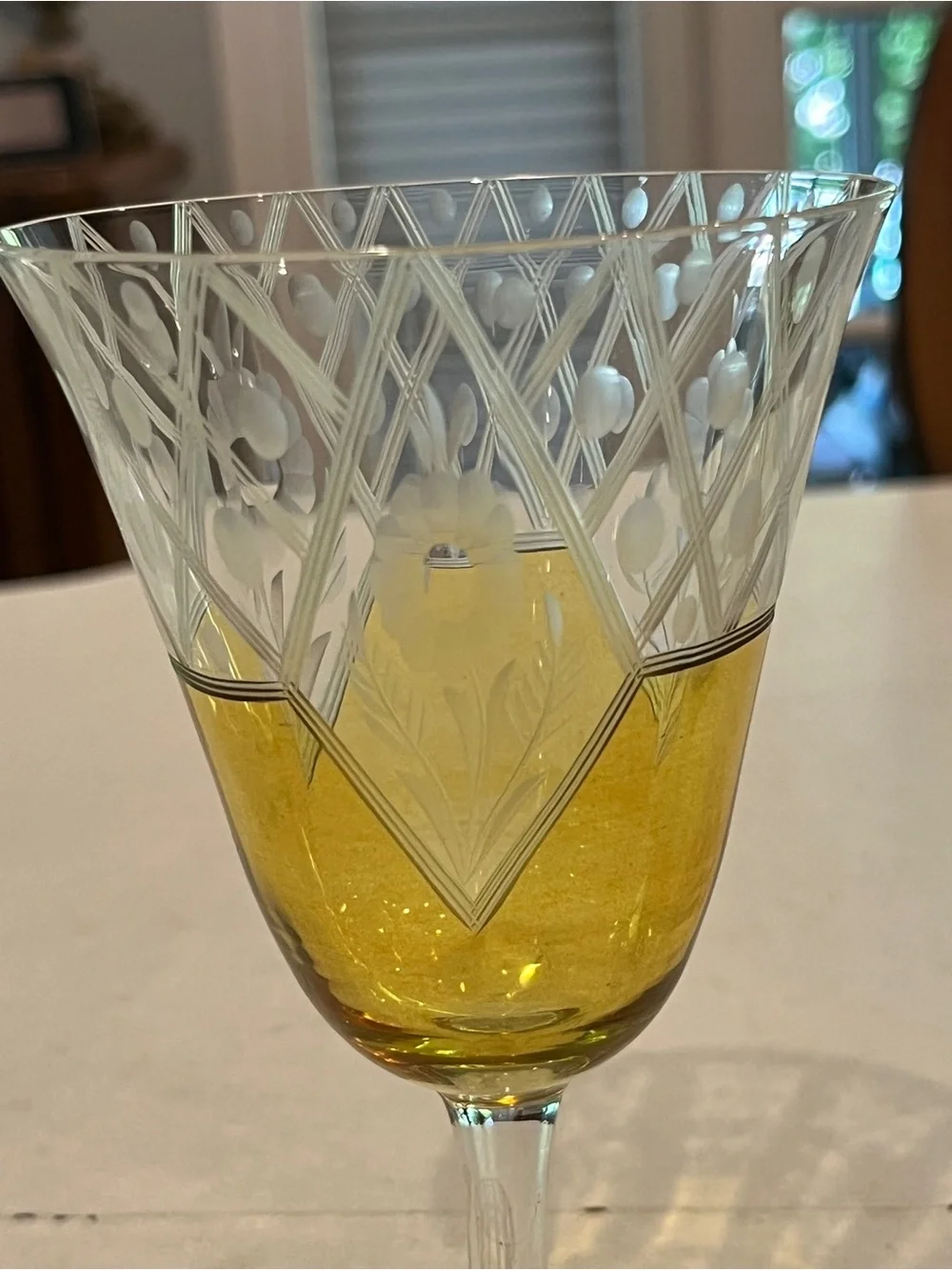 Vintage MCM Cut Crystal floral Yellow Wine Glasses - Set of 2. Gorgeous!